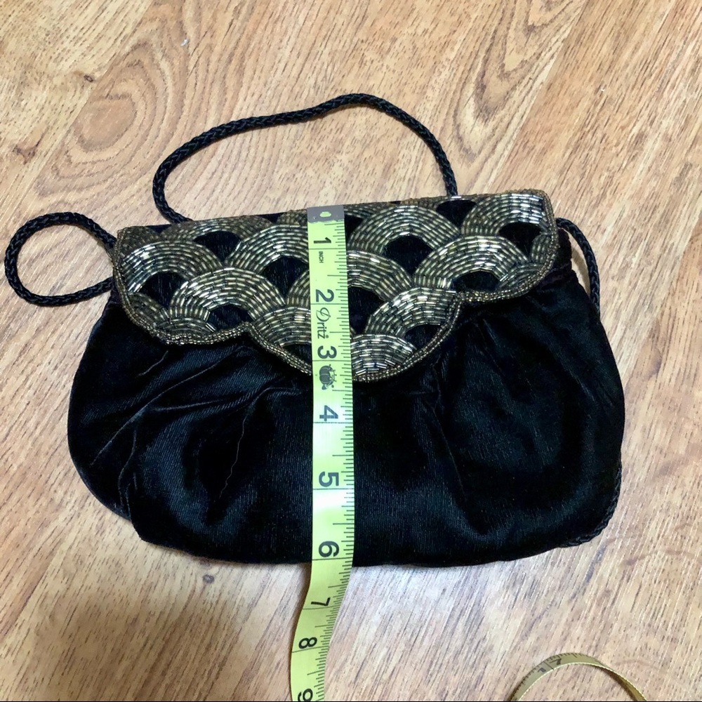 Vintage 70s Crushed Velvet Mini Shoulder Bag Beaded Black Gold Sparkly Art Deco - Picture 8 of 9